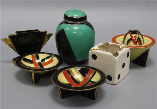 Carltonware Art Deco Jazz pattern wares: a jar and cover, an inkwell, two dishes and a vase together with a dice ashtray (6)